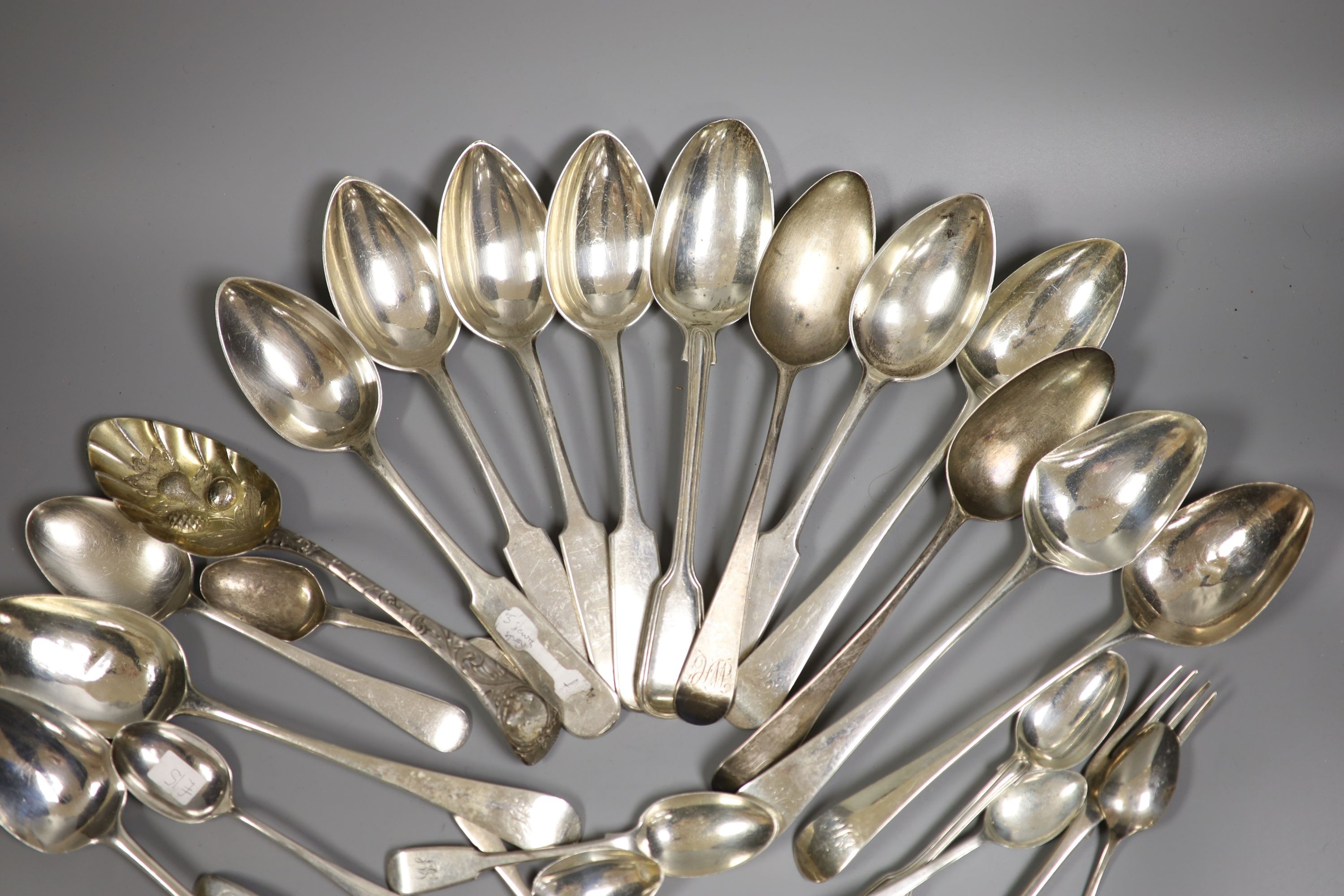 A small quantity of assorted English and continental flatware, various dates and makers, 46oz.